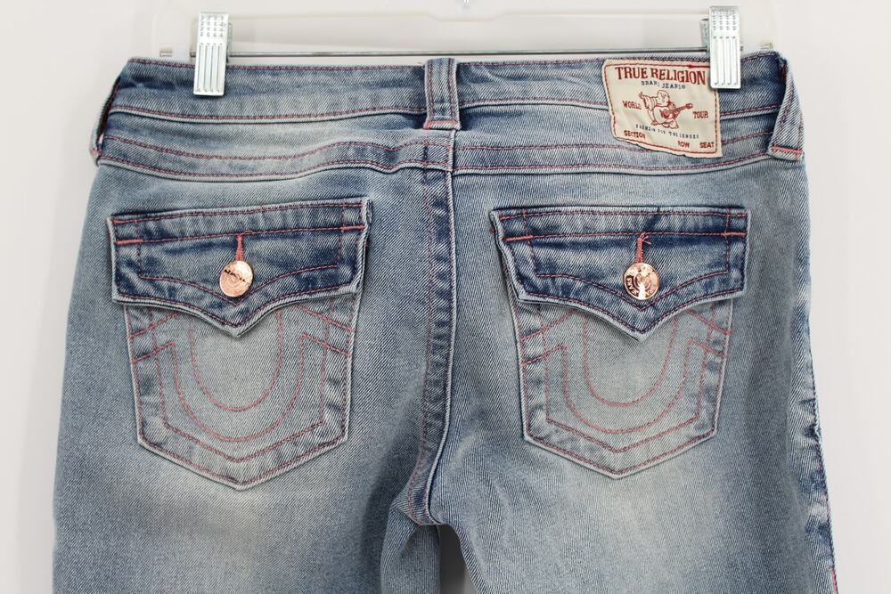 True Religion Low Rise big t flap flare jean Pink Light Blue